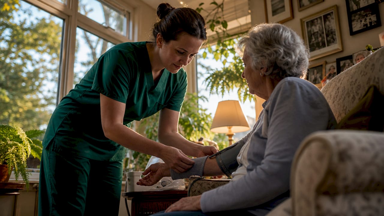 Nurse providing specialist home care in living room