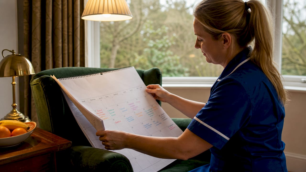Caregiver checking visit schedule calendar