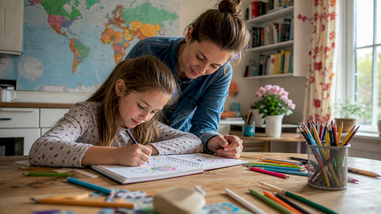 Father guiding daughter in organized study space