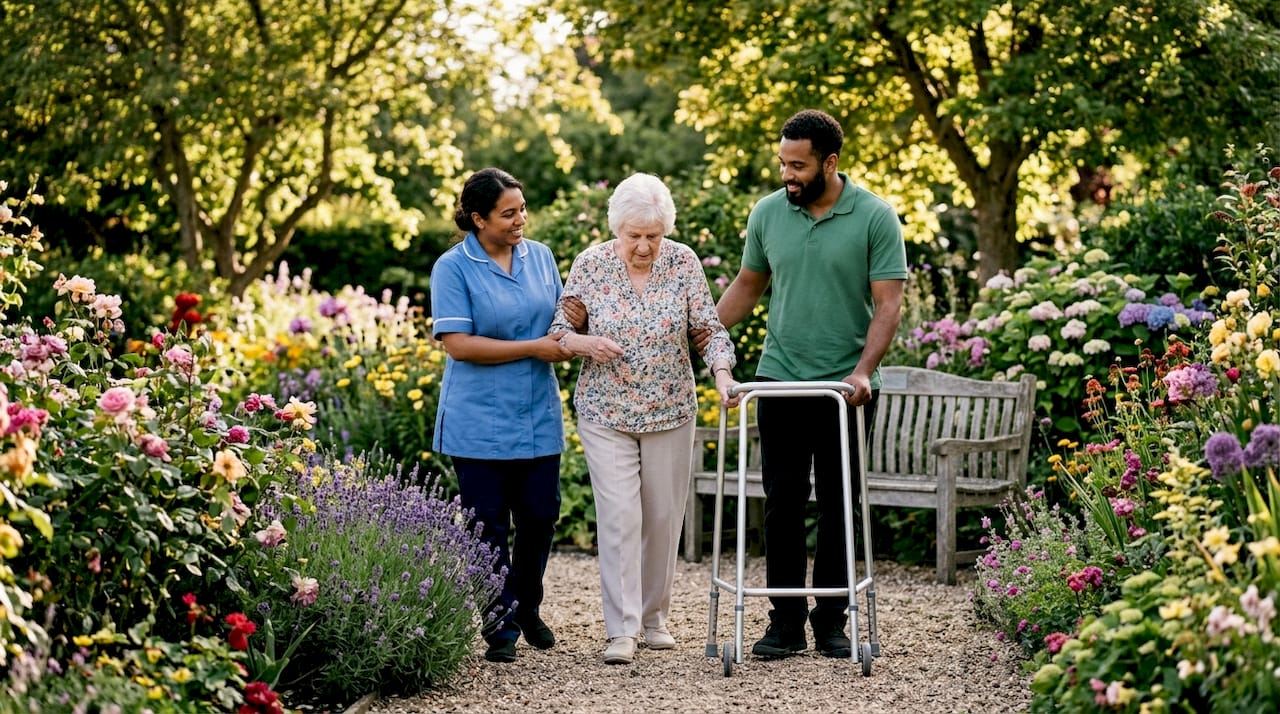 Two carers assisting elderly woman at home