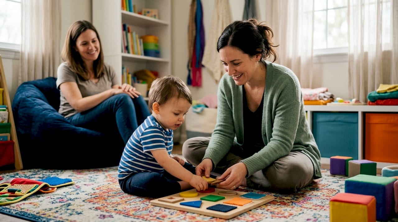 Therapist supporting young autistic child in play