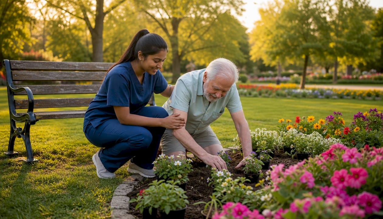 Home health aide assisting elderly gardening