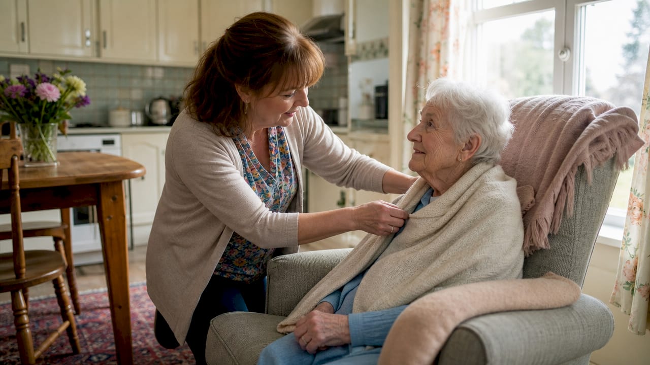 Caregiver assisting elderly woman in living room