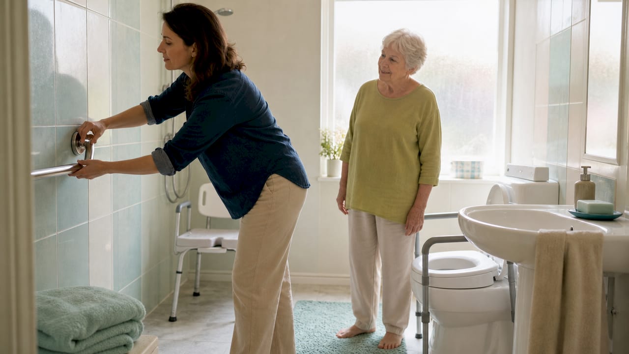 Daughter fitting grab rail in elderly bathroom safety setup
