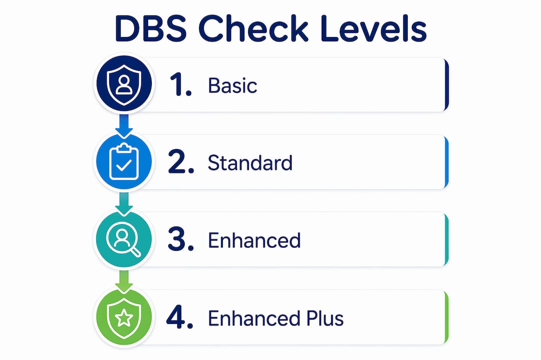 Infographic showing DBS check levels in vertical flow