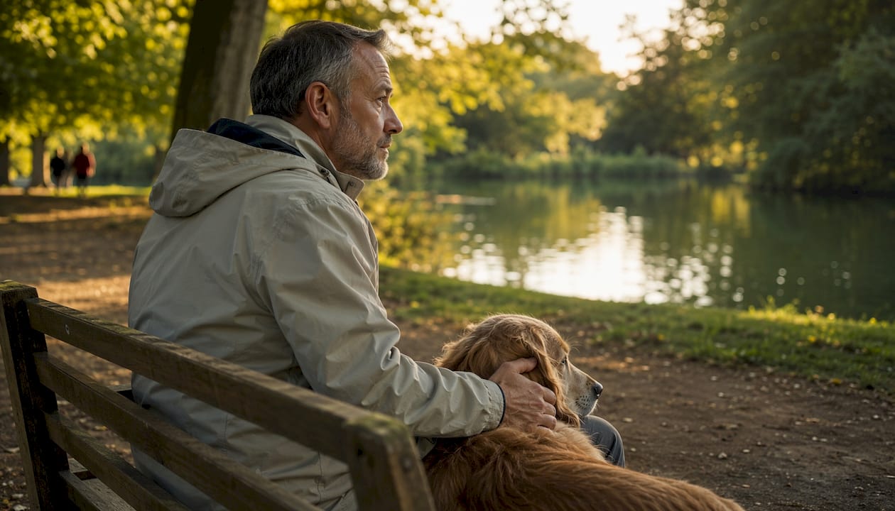 Man walking dog in city park at sunset
