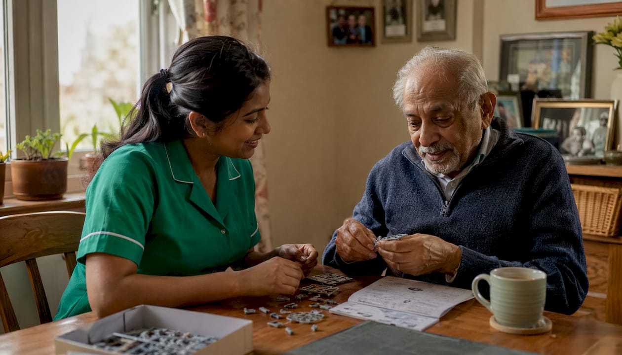 Caregiver assisting elderly man with craft