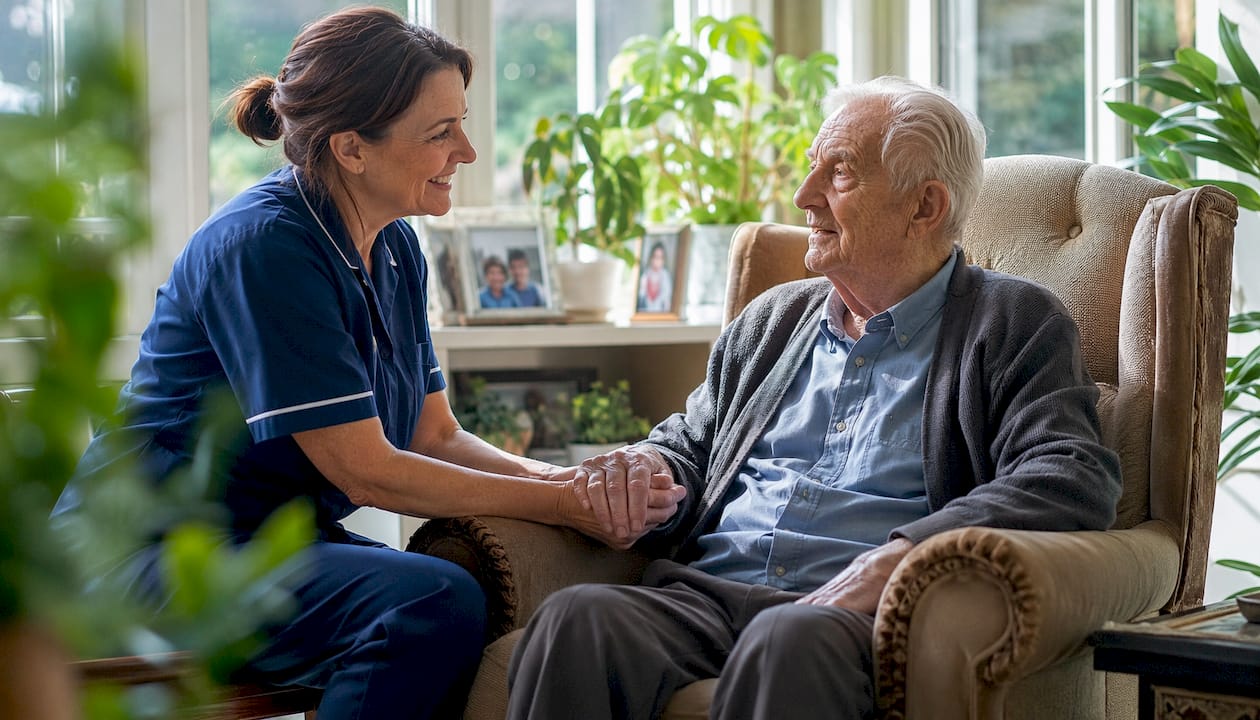 Home carer supporting elderly man with dementia