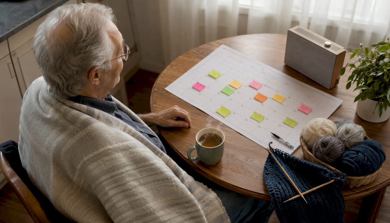 Elderly man in armchair with daily activity schedule