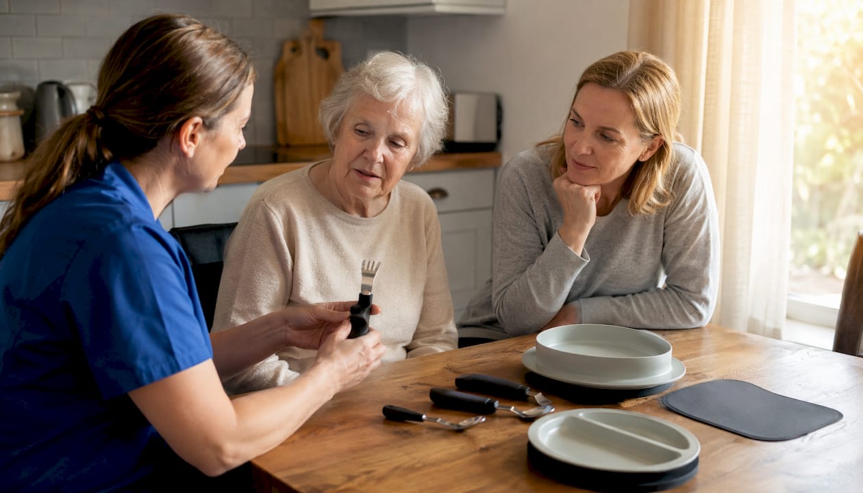 Therapist showing adaptive eating aids to dementia patient