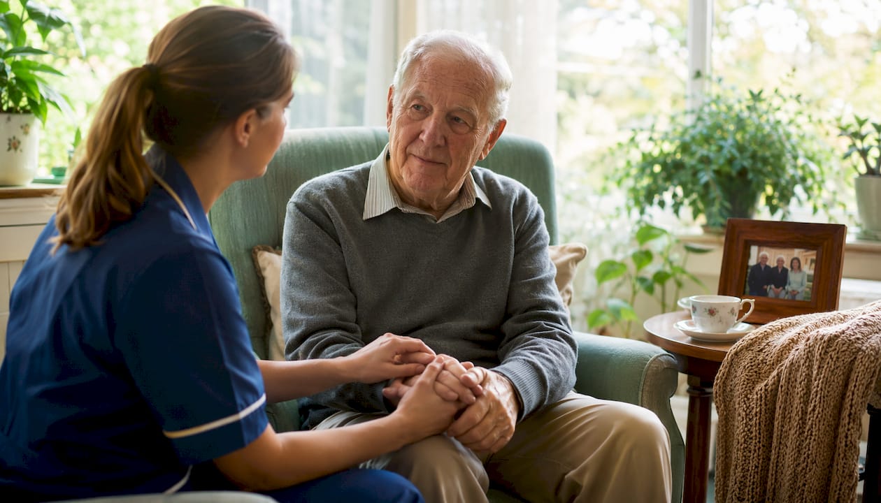 Caregiver soothing elderly dementia patient