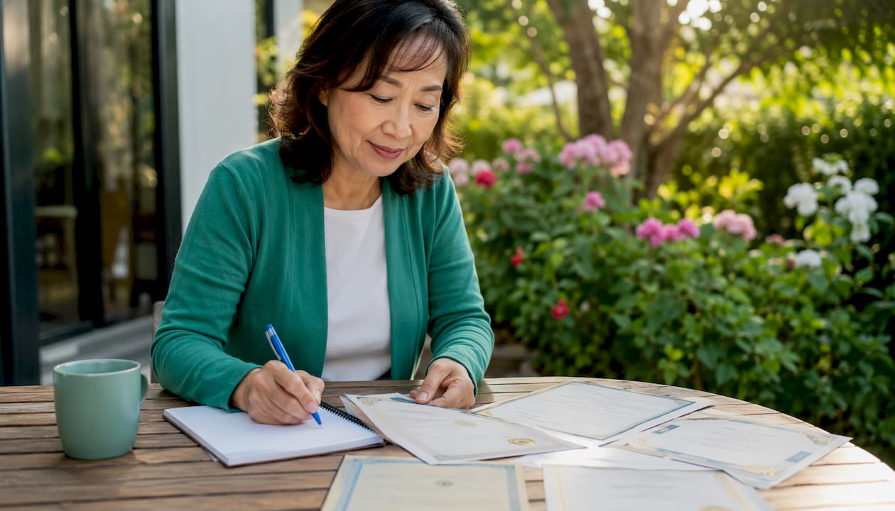Hands reviewing carer qualification documents on desk
