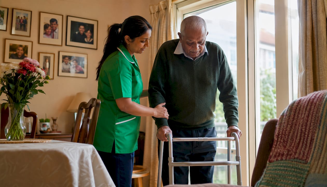Care worker assisting elderly man at home