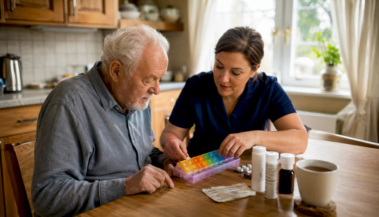 Elderly man assisted by visiting carer at home
