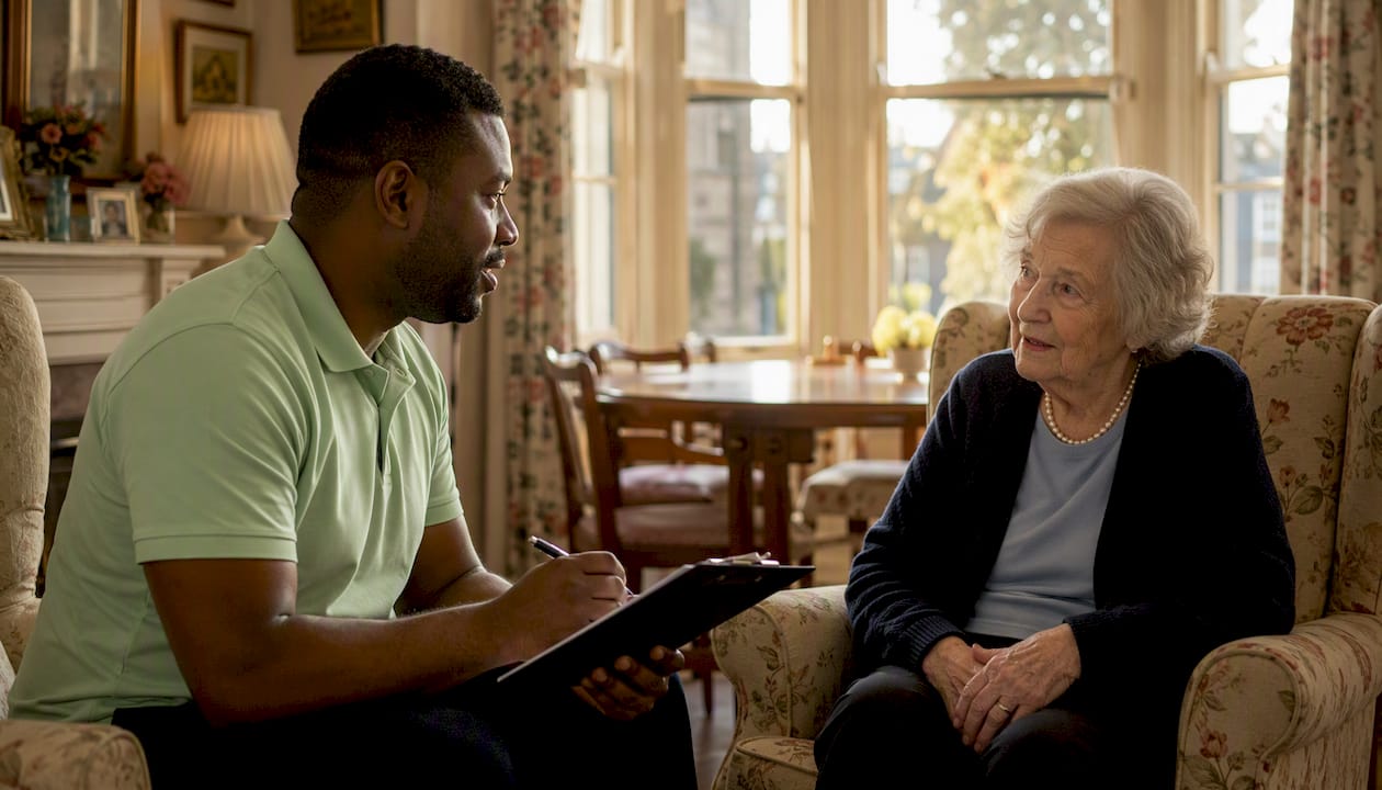 Caregiver conducting home visit assessment