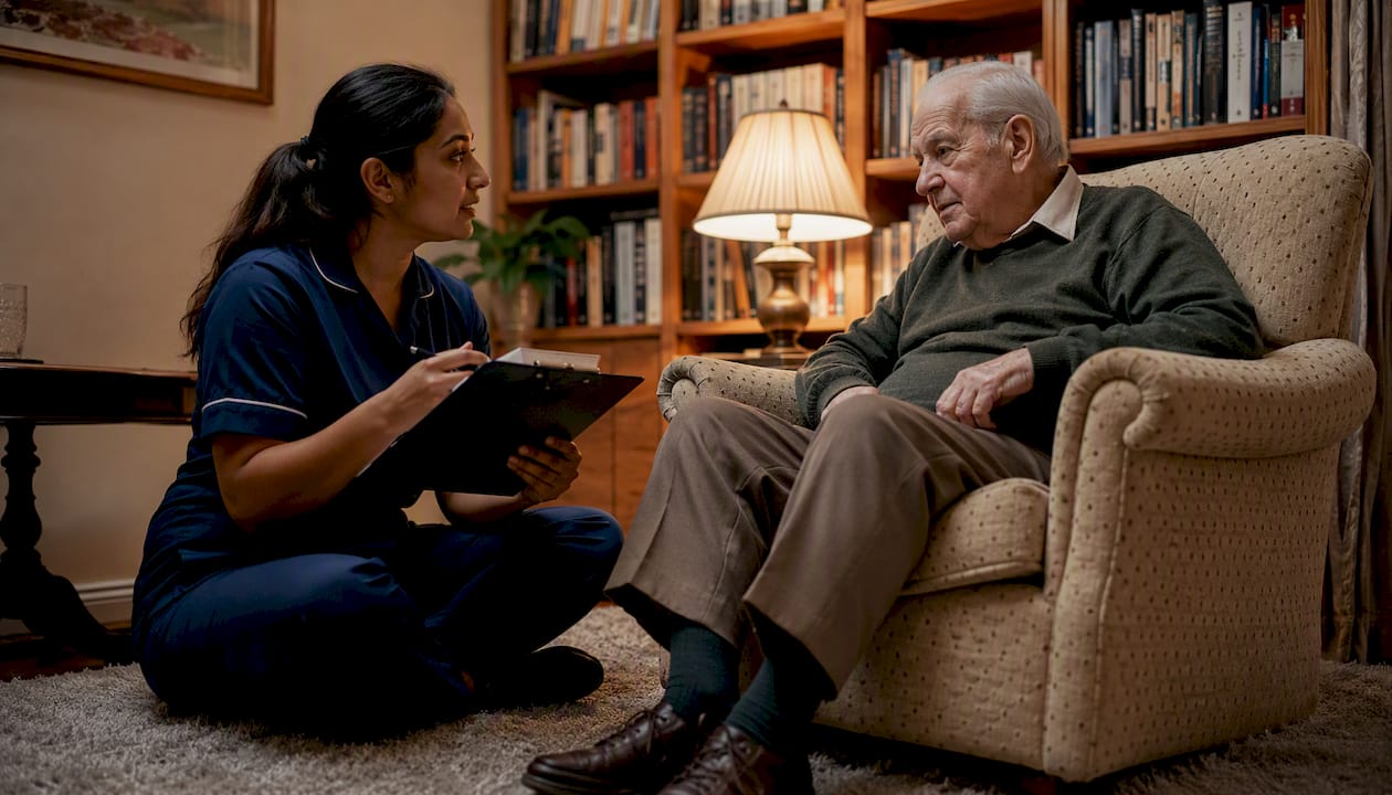 Caregiver explaining care plan to elderly man
