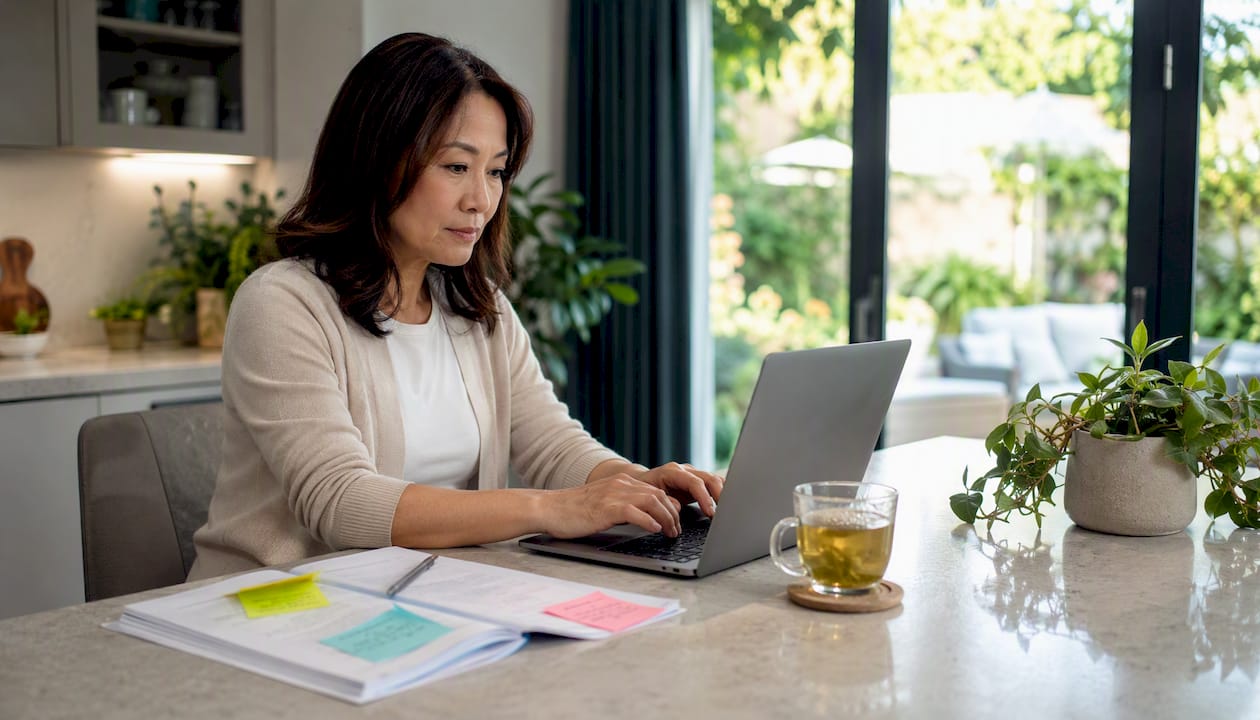 Hands typing home care client profile