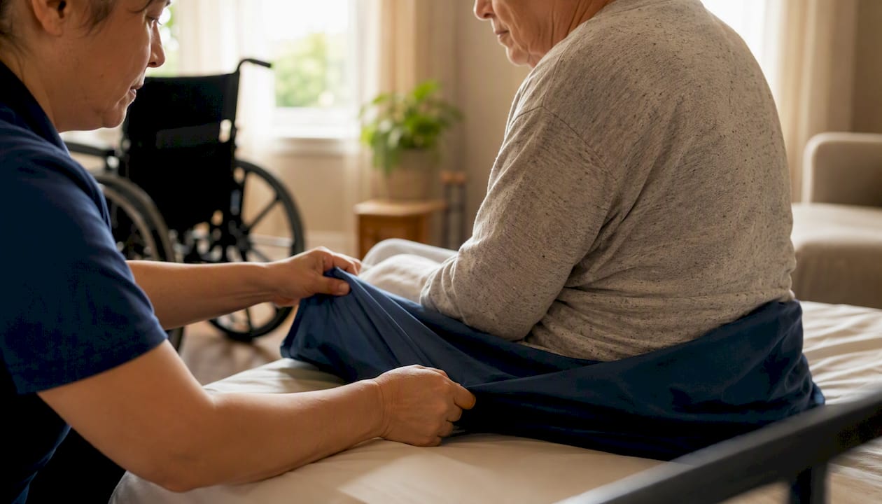 Carer's hands using slide sheet to assist transfer