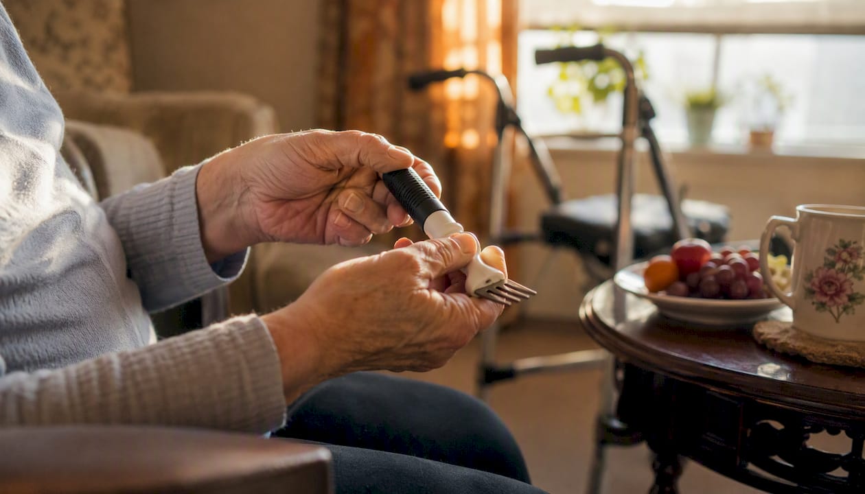 Hands adjusting adaptive kitchen utensil at home