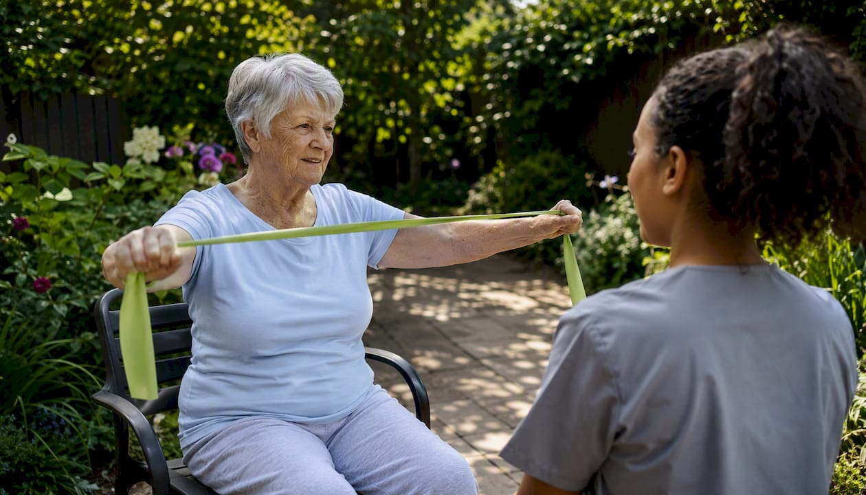 Hands stretching elastic therapy band for rehab