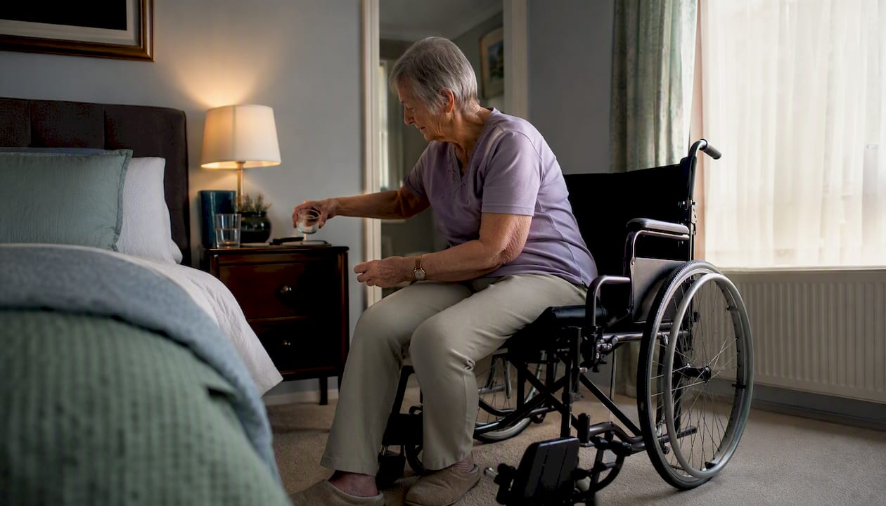 Elderly person managing personal item in home