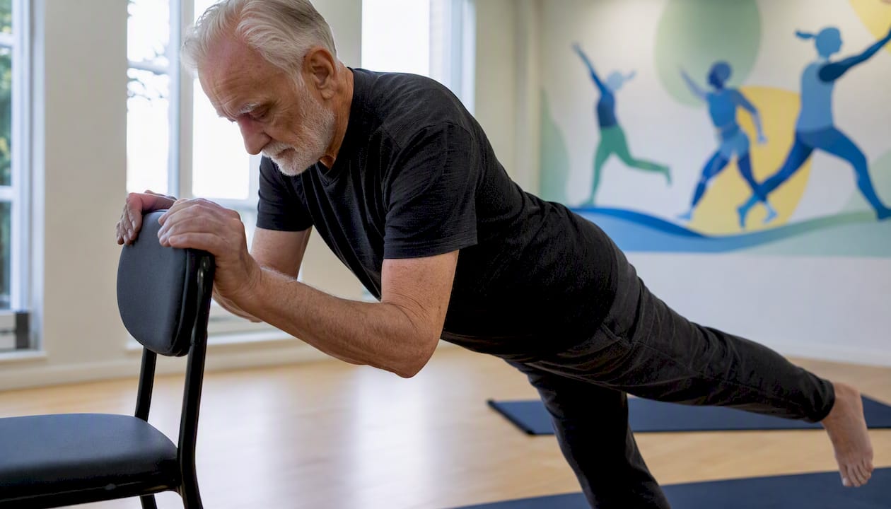 Elderly man doing balance exercise with chair support