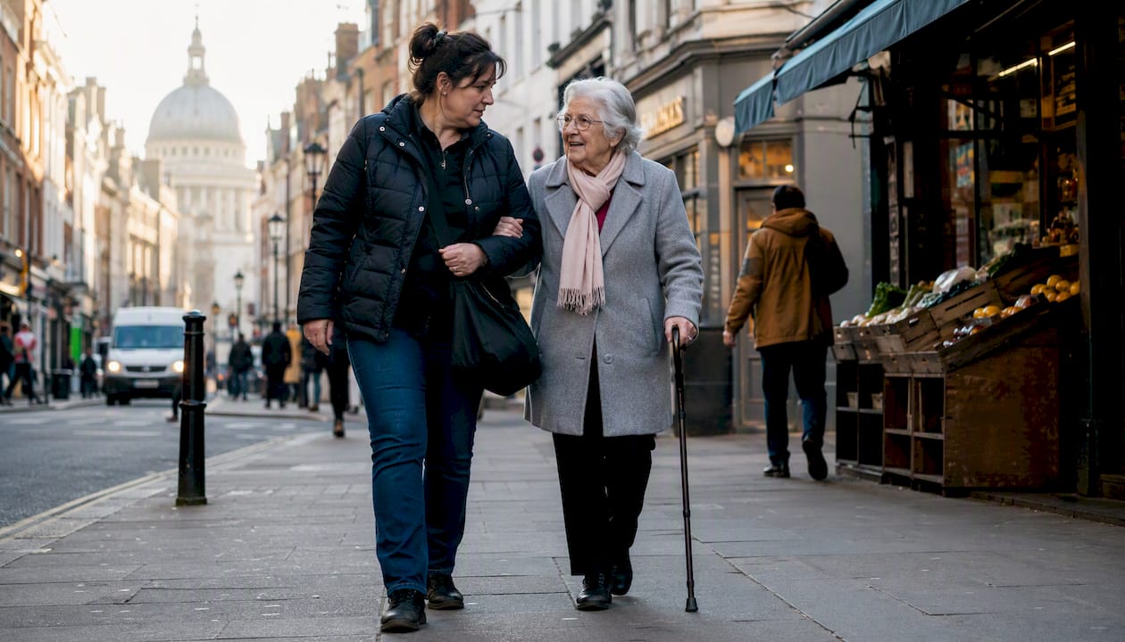Kells-care carer assisting elderly woman walking outdoors