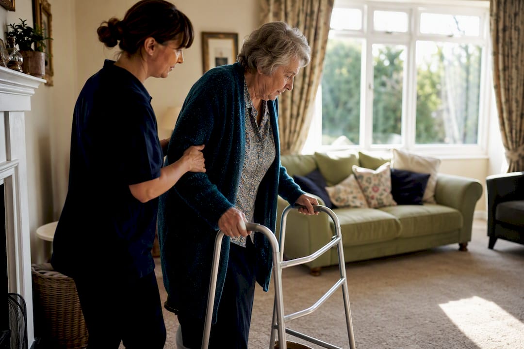 Carer helping elderly person with walking frame