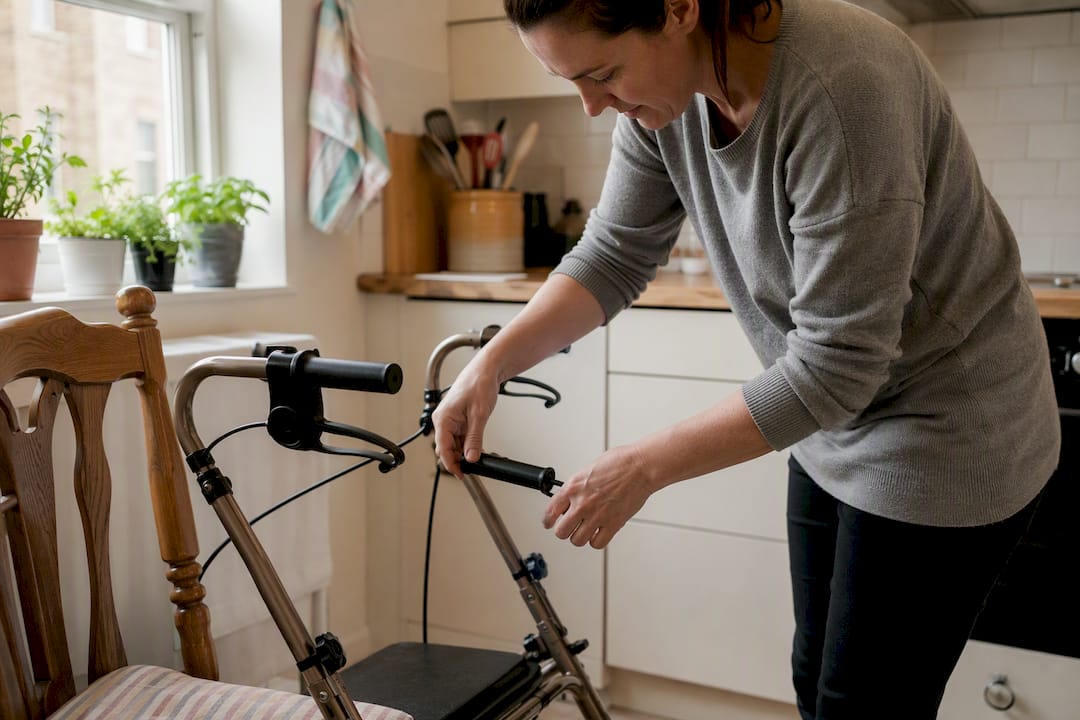Carer adjusting mobility walker in London home