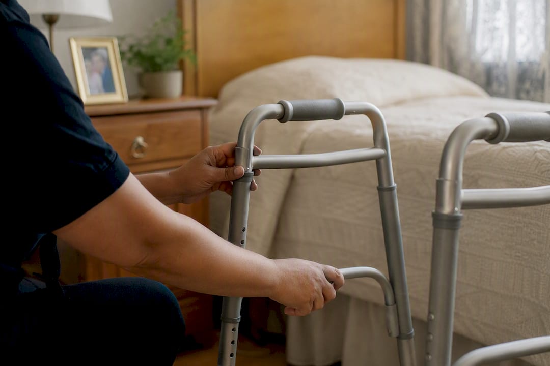 Caregiver adjusting elderly resident's mobility aid