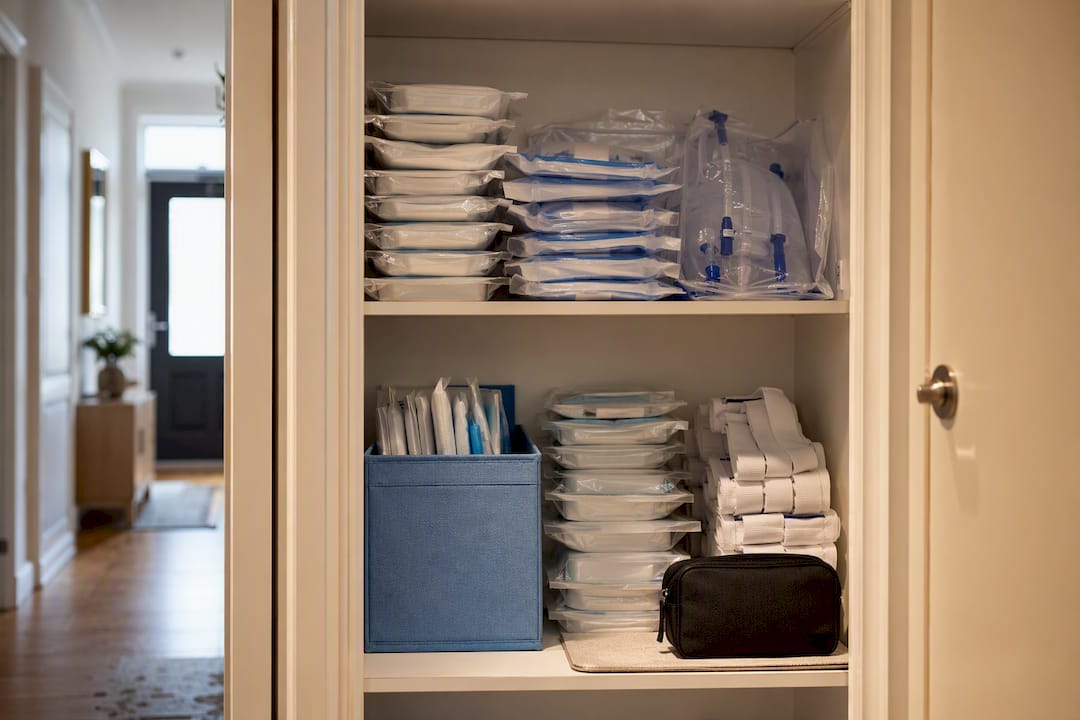 Sealed catheter supplies stored in cupboard