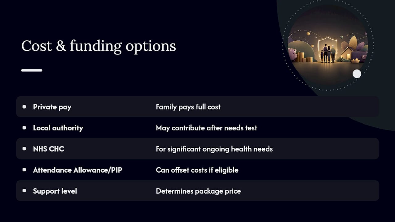Cost considerations and funding options for medication reminder devices or services — overview diagram