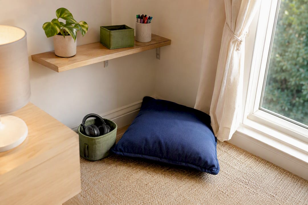 Tidy calm corner with cushion and headphones