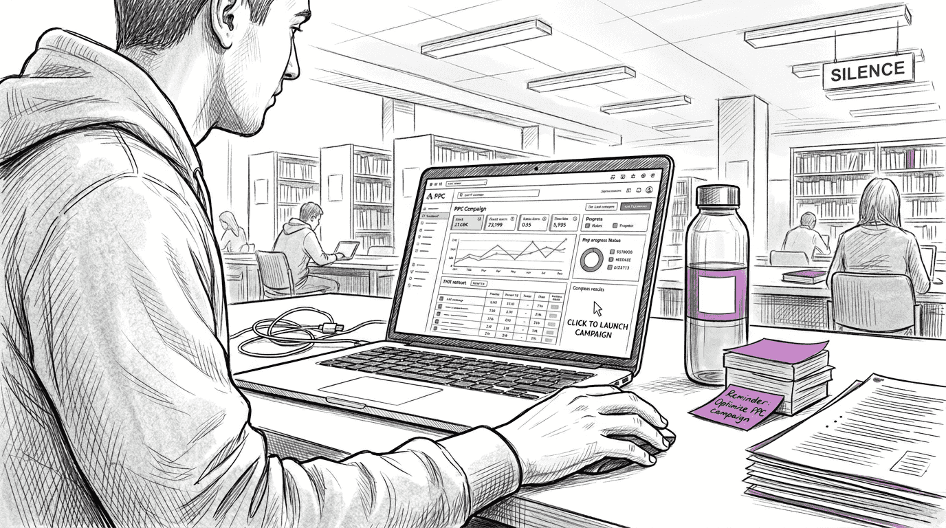 Marketer launching PPC campaign at desk