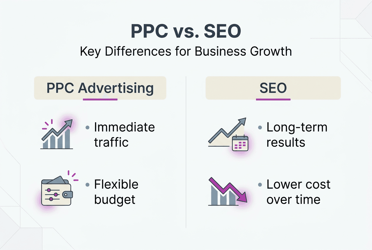 Infographic comparing PPC and SEO for business