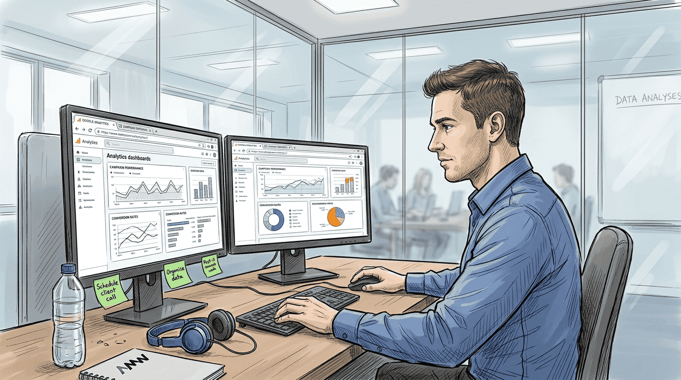 Marketer using analytics in glass-walled office