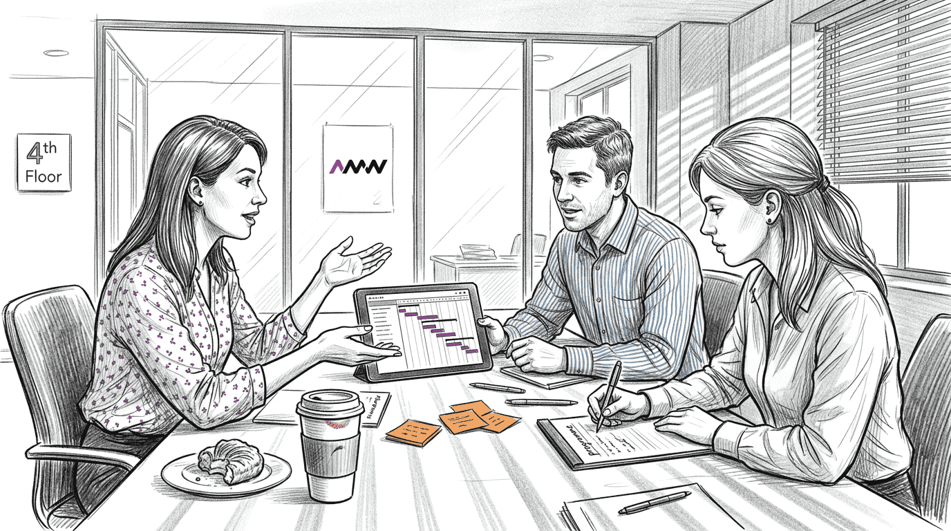 Team reviewing marketing plan at messy table