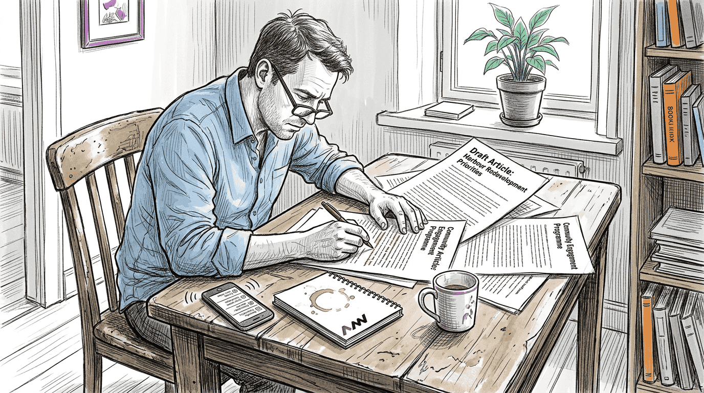 Writer reviewing long-form content drafts