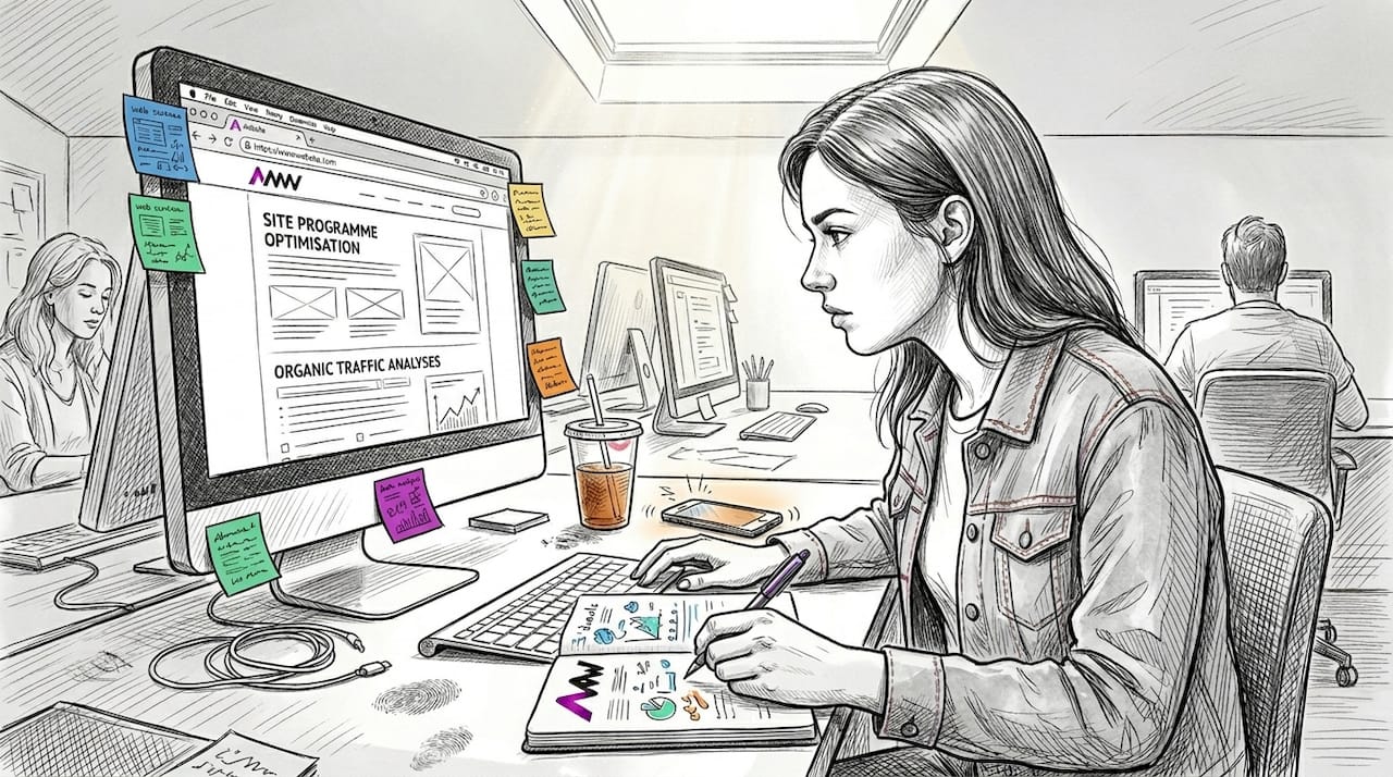 SEO specialist working at messy shared desk