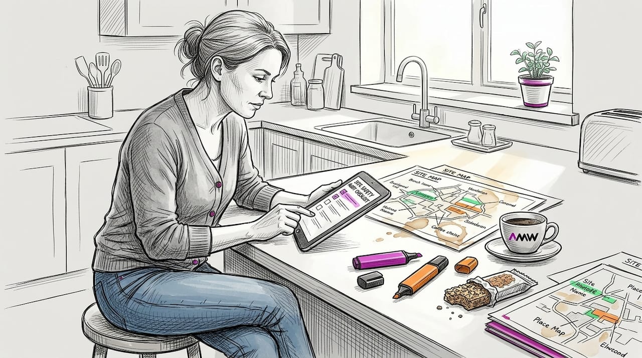 Woman using SEO audit tools at kitchen work area