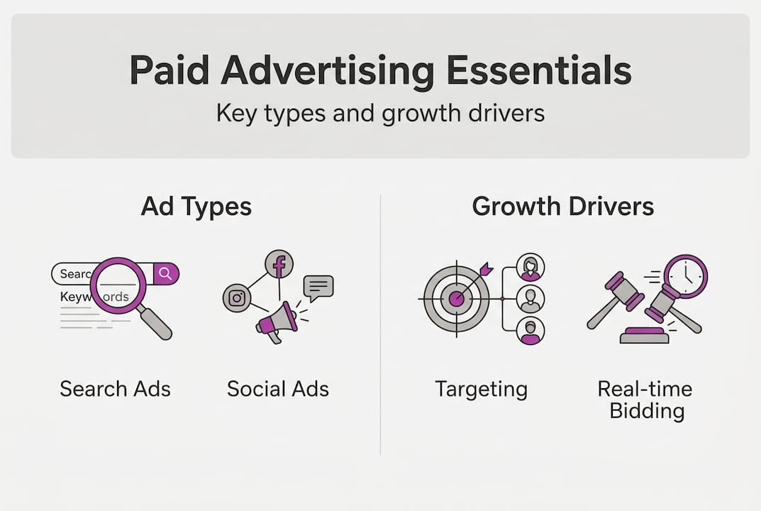 Infographic showing paid advertising types and drivers