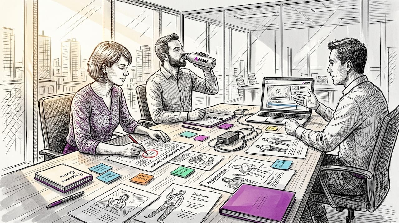 Team reviewing campaign assets around meeting table