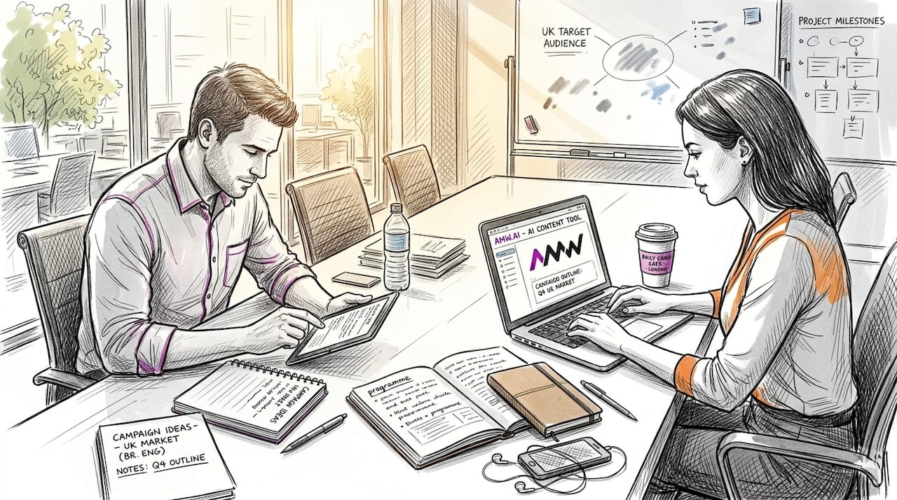 Coworkers using AI tools in team meeting