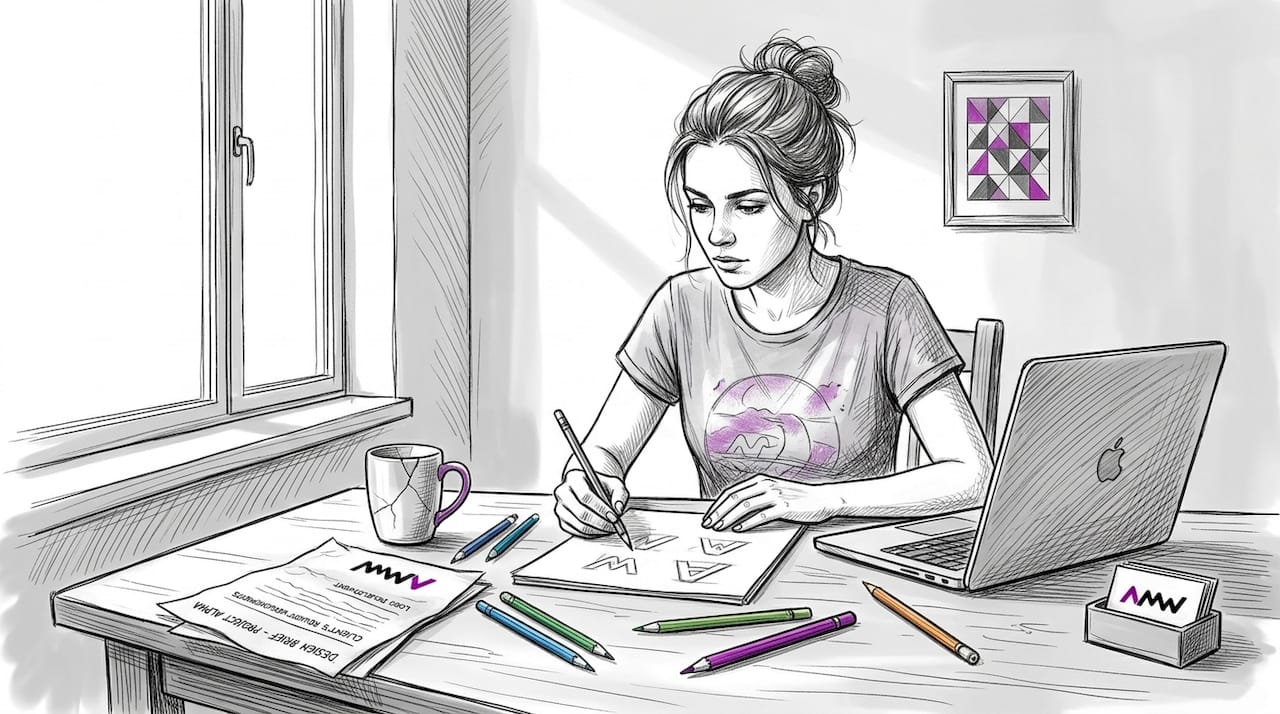 Designer sketching logo drafts at home desk