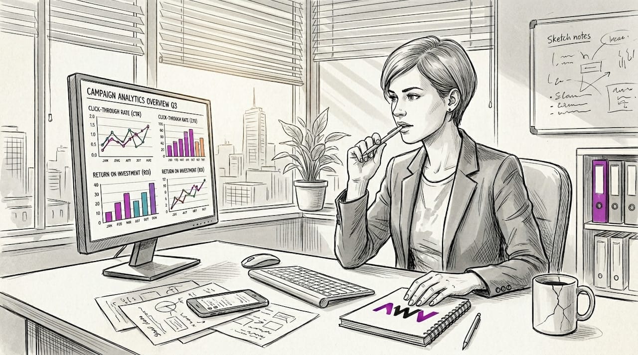 Brand manager checks campaign analytics at desk