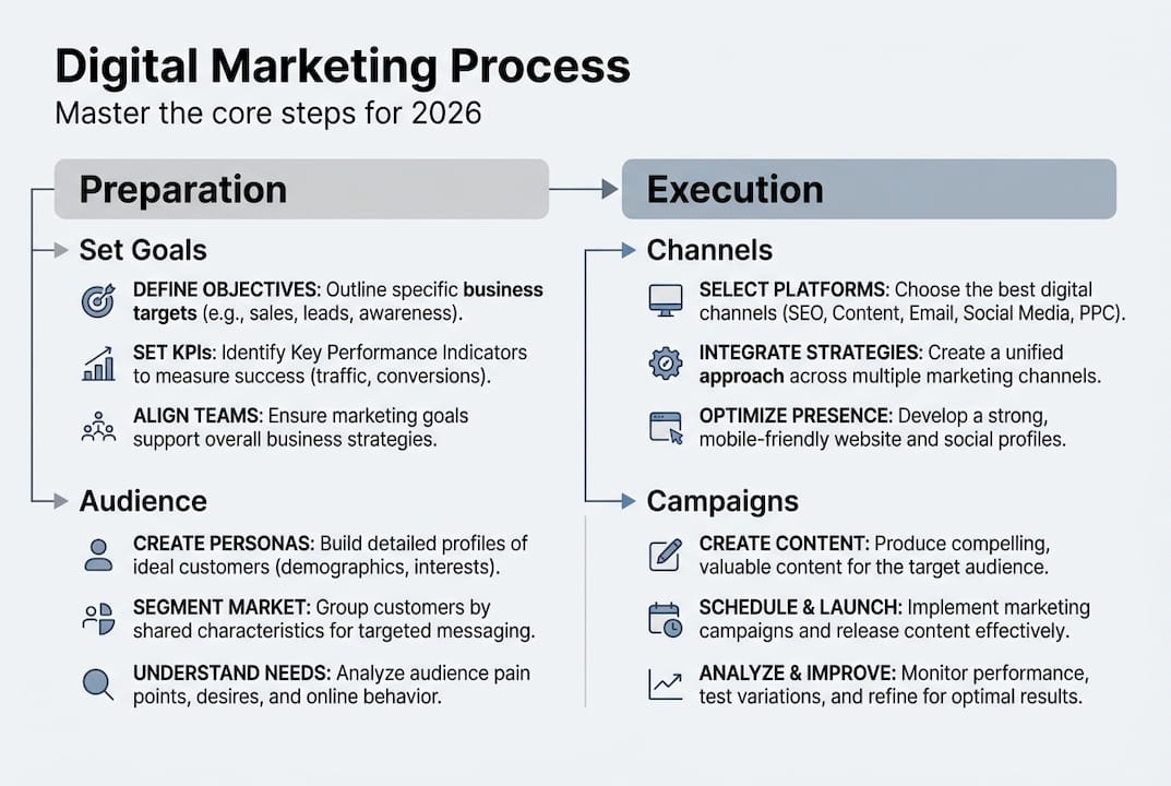 Infographic digital marketing process core steps