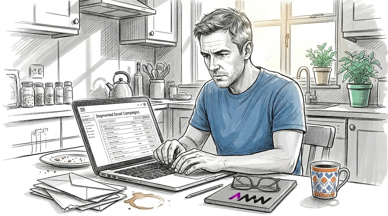 Man reviewing email marketing campaigns at kitchen table