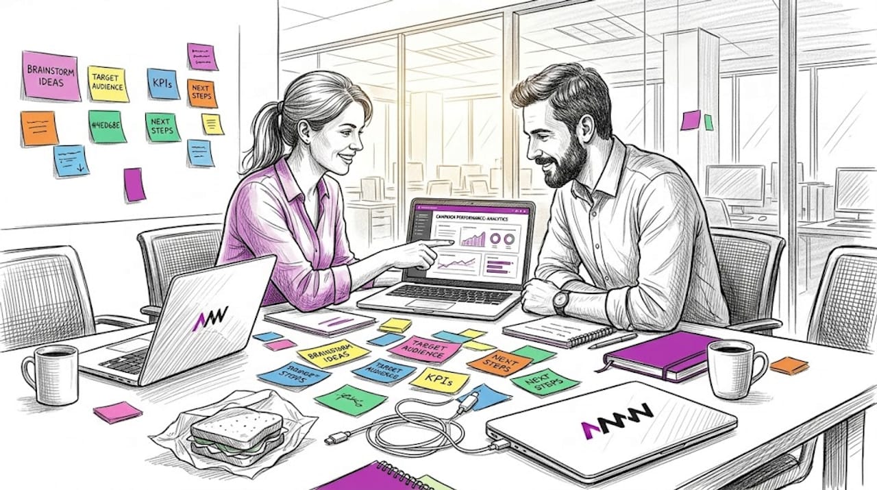 Team plans email marketing campaign in meeting room