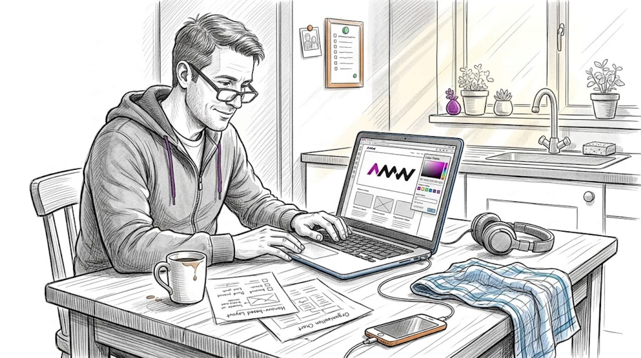 Man editing website at home kitchen table