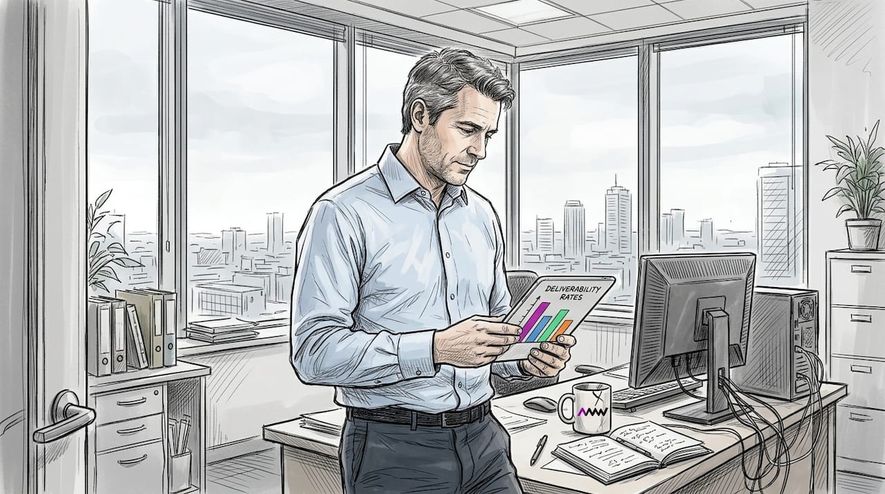 Man studies deliverability in corner office